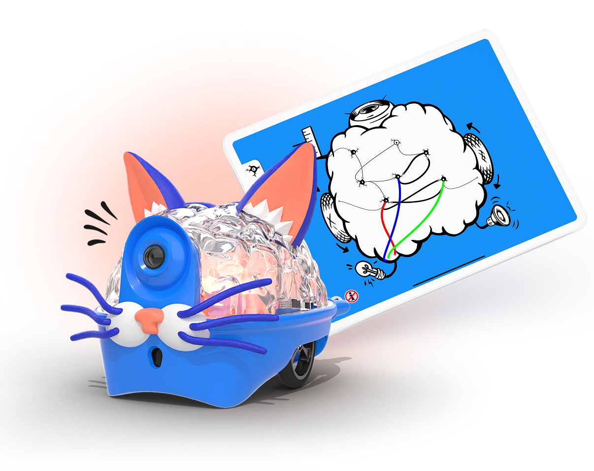 A blue SpikerBot creature beside a tablet showing a wired spiking neural network.