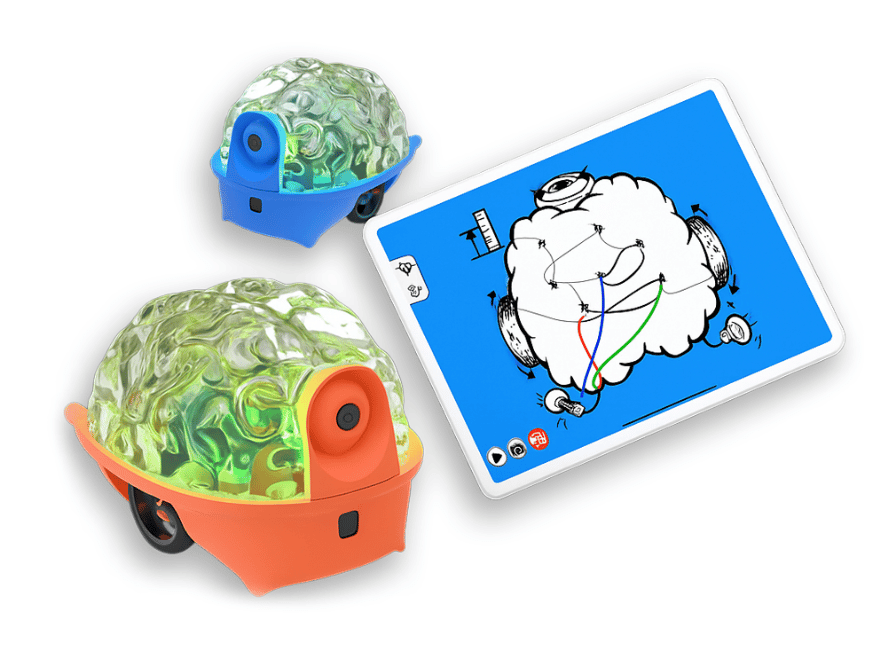 Two SpikerBot creatures beside a tablet running the SpikerBot app.